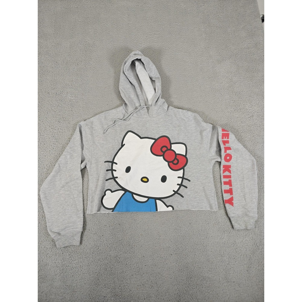 Hello Kitty and Friends Hoodie Womens XL Gray Cropped Raw Hem Pullover Sanrio